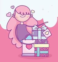 feliz día de san valentín, niña con regalos y celebración de bolsa de compras vector