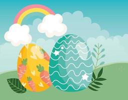 felices huevos de pascua decorativos con zanahorias y líneas en hierba arco iris vector