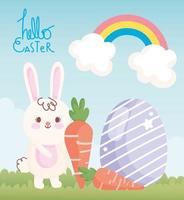 feliz pascua conejo con zanahorias huevo arcoiris nubes tarjeta vector