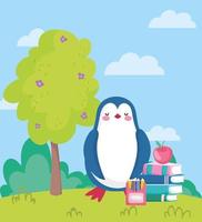 back to school, penguin apple on books pencil color outdoor vector
