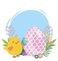 happy easter chicken and egg decorated with shape of fish flowers vector