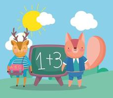 back to school, squirrel deer with backpack chalkboard vector