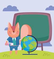 back to school, squirrel with book chalkboard globe map vector