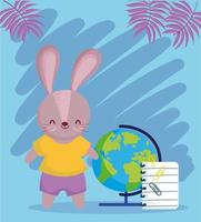 back to school, cute rabbit with globe map and notepad vector