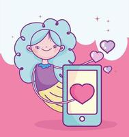 feliz día de san valentín, linda chica con smartphone amor romántico vector