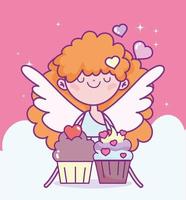 happy valentines day, cute cupid with sweet cupcakes love vector