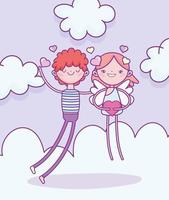 feliz día de san valentín, niño con cupido sosteniendo corazón amor nubes vector