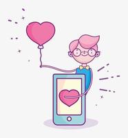 happy valentines day, boy with smartphone balloon celebration vector