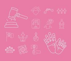 gavel judge and human rights line style set icons vector