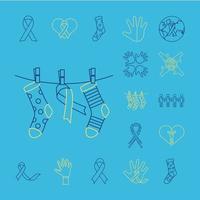 Campaña de calcetines y cintas colgando con un paquete de iconos de conjunto de síndrome de Down vector