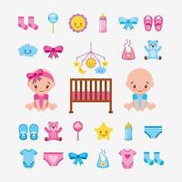 paquete de lindos bebés y accesorios para bebés vector