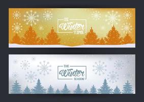 winter poster with snowflakes and forest scene vector