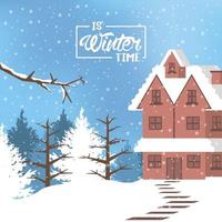 winter poster with forest scene and house building vector