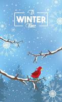 cartel de invierno con copos de nieve y escena del bosque vector