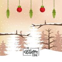 winter poster with forest scene and balls hanging vector