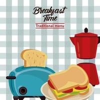 breakfast time lettering poster with bread toaster and sandwich vector