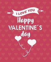 Feliz día de San Valentín tarjeta de letras con corazones globos helio flotando vector