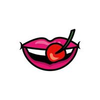 Pop art mouth biting cherry fill style icon vector