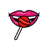 Pop art mouth with sweet red lollipop fill style icon vector