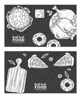 fresh local food letterings drawing in black backgrounds vector