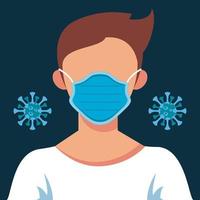 young man wearing medical mask with covid19 particles vector