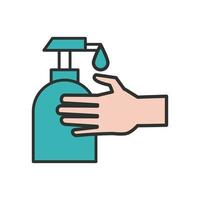 Mano con línea de botella de jabón antibacteriano e icono de relleno vector