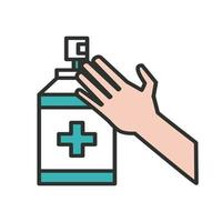 hand with antibacterial soap bottle line and fill icon vector