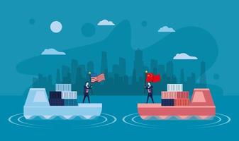 merchant ships with business people and China and usa flags vector