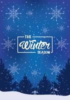 blue winter poster with snowflakes and forest scene vector