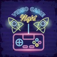 neón de videojuego retro con control y cohetes vector