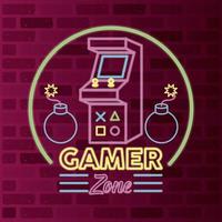 retro video game neon with machine and bombs vector