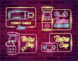 neón de videojuegos retro con iconos de conjunto vector