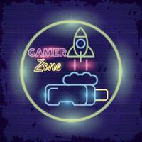 retro video game neon with vr mask and rocket vector