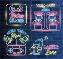 neón de videojuegos retro con iconos de conjunto vector