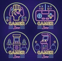 neón de videojuegos retro con iconos de conjunto vector