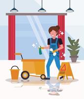 mujer trabajadora en el servicio de limpieza con vidrio limpio vector