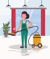 mujer trabajadora en el servicio de limpieza con aspiradora