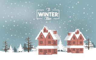 winter poster with forest scene and house building vector
