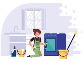 mujer trabajadora en el servicio de limpieza con equipo vector