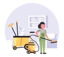 mujer trabajadora en el servicio de limpieza con equipo vector