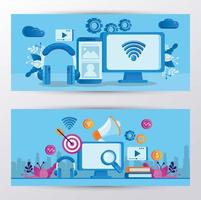 bundle of gadgets with social media marketing icons vector