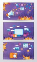 bundle of gadgets with social media marketing icons vector