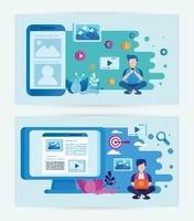 electronic devices and users with social media marketing icons vector