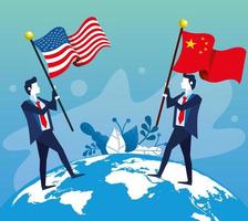 businessmen with united states american and china flag vector