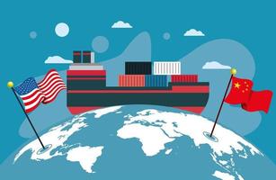 Barco mercante con banderas de China y Estados Unidos en todo el mundo. vector