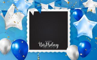 Happy Birthday congratulations banner design with Confetti, Balloons and Glossy Glitter Ribbon for Party Holiday Background. Vector Illustration