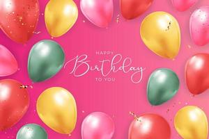 Happy Birthday congratulations banner design with Confetti, Balloons and Glossy Glitter Ribbon for Party Holiday Background. Vector Illustration