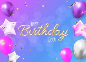 Happy Birthday congratulations banner design with Confetti, Balloons and Glossy Glitter Ribbon for Party Holiday Background. Vector Illustration