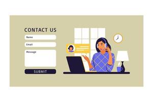 Contact us form template. Female customer service agent with headset talking with client. Online customer support . Vector illustration. Flat.