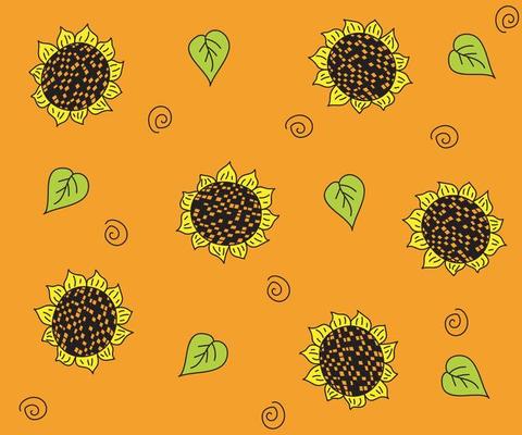 bright orange pattern of sunflowers in the doodle style